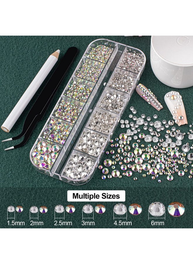 BELLEBOOST Flat Back Rhinestones&Pearls Kits Round Glass Crystal Ab&Transparent White Gems+White&Beige Pearls With Quick Dry Makeup Glue+Picker Pencil+Tweezer For Nail Art And Face Eye Body Makeup  - Image 2