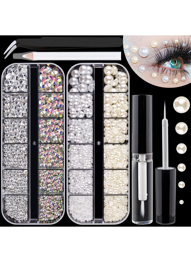 BELLEBOOST Flat Back Rhinestones&Pearls Kits Round Glass Crystal Ab&Transparent White Gems+White&Beige Pearls With Quick Dry Makeup Glue+Picker Pencil+Tweezer For Nail Art And Face Eye Body Makeup  - Image 1