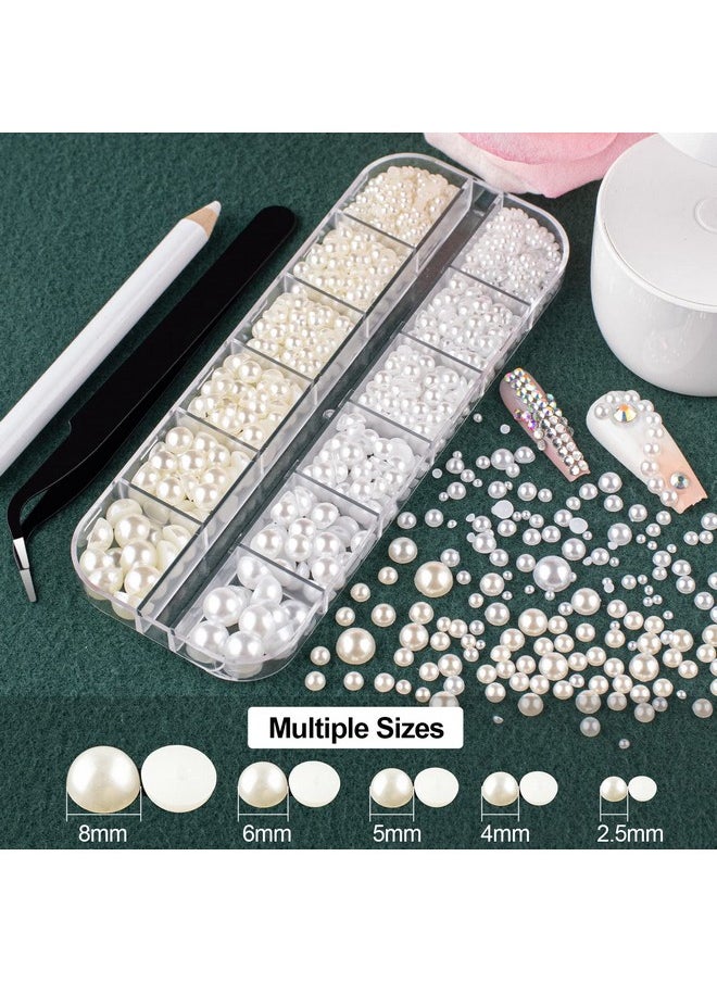 BELLEBOOST Flat Back Rhinestones&Pearls Kits Round Glass Crystal Ab&Transparent White Gems+White&Beige Pearls With Quick Dry Makeup Glue+Picker Pencil+Tweezer For Nail Art And Face Eye Body Makeup  - Image 3