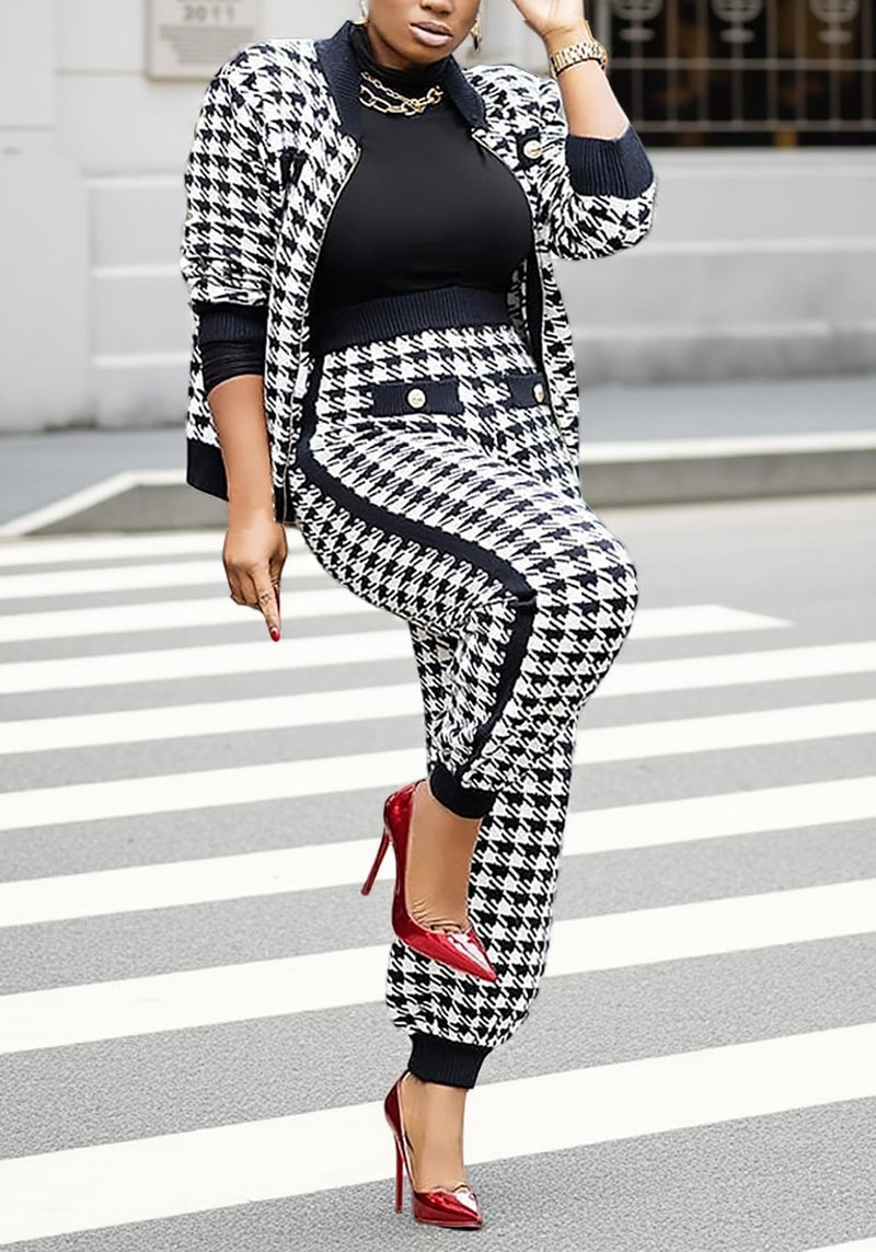 LKOUS Black Women's Wrinkle Resistant Houndstooth Pantsuit 2 Piece Blazer & Pants Business Set - Image 4
