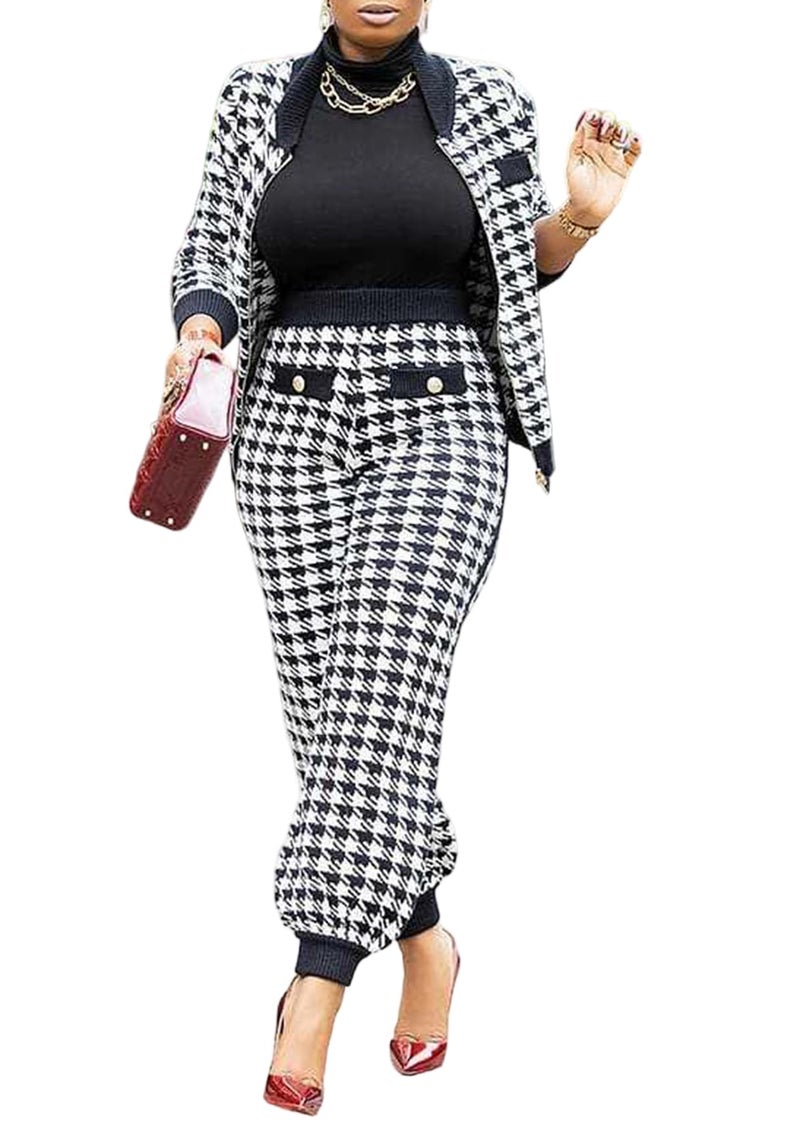 LKOUS Black Women's Wrinkle Resistant Houndstooth Pantsuit 2 Piece Blazer & Pants Business Set - Image 1