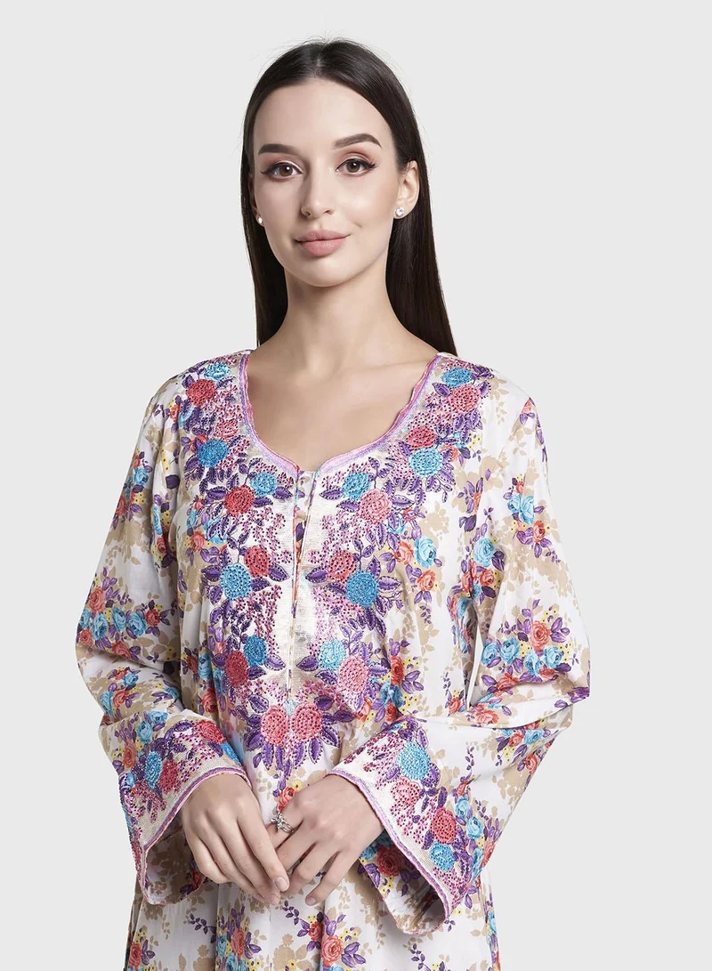 كشخة Liberty Cotton Olive Floral Print Mukhawar Jalabiya (VG2988)