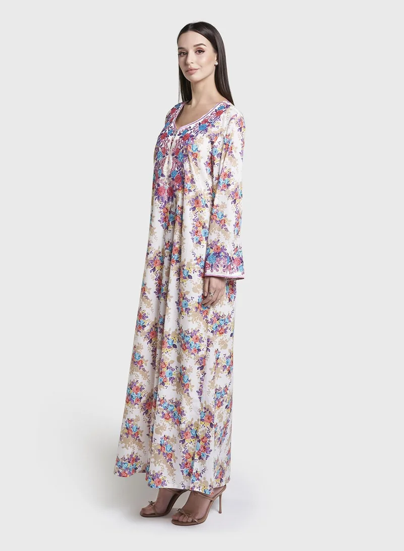 Kashkha  Liberty Cotton Olive Floral Print Mukhawar Jalabiya (VG2988) for Women | Best Price UAE
