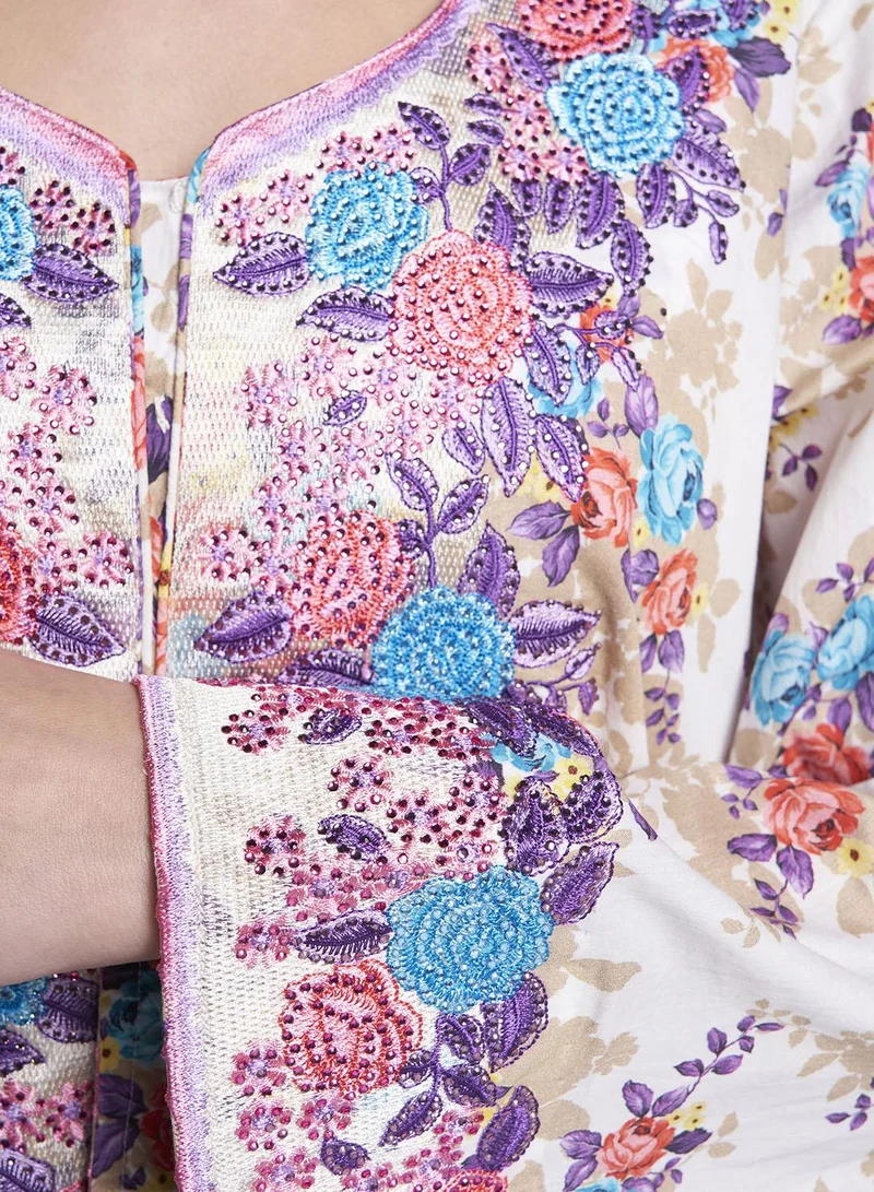 Kashkha  Liberty Cotton Olive Floral Print Mukhawar Jalabiya (VG2988) for Women | Best Price UAE