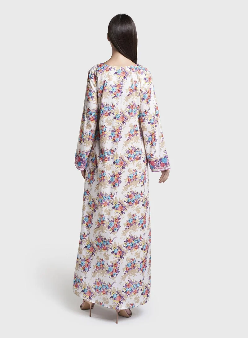 Kashkha  Liberty Cotton Olive Floral Print Mukhawar Jalabiya (VG2988) for Women | Best Price UAE