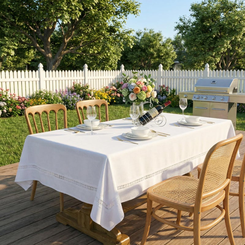 EHouseHome Heavy Duty Fabric Tablecloth with White Lace-Waterproof/Wrinkle Free/Stain Resistant/Oil Proof-for Dining,Indoor&Outdoor,Wedding,Holiday,White,Rectangle 60x84Inch - Image 3