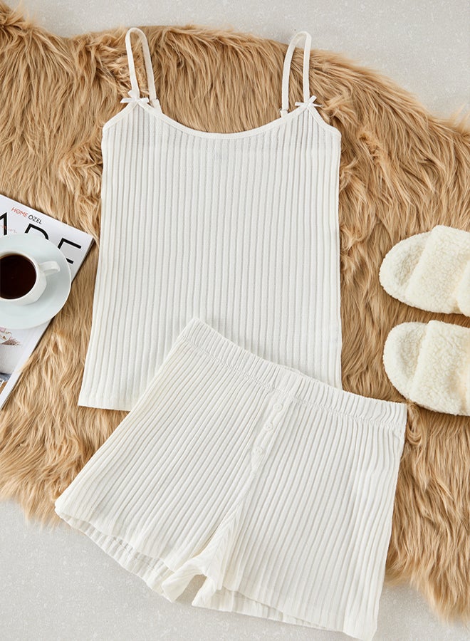 trendyol White Striped Ribbon/Bow Knitted Corduroy Pajama Set THMSS25PT00041 - Image 5
