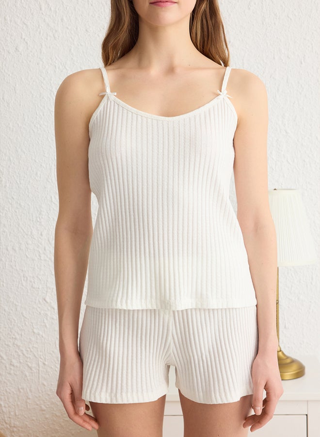 trendyol White Striped Ribbon/Bow Knitted Corduroy Pajama Set THMSS25PT00041 - Image 3