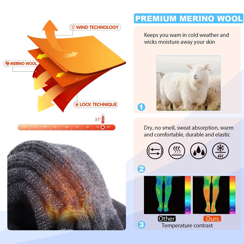 Hylaea Merino Wool Cold Weather Socks for Ski, Snowboarding, Snow, Winter, Knee-high Warm Socks, Thermal, Cushioned, Moisture Wick, Hunting, Cycling Red Blue Green X-Large - Image 2