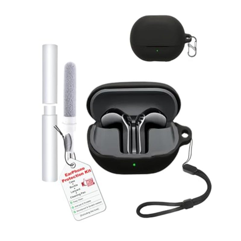 Silicone Case for SoundPs Air6 HS Earbuds with Lanyard, Keychain & Cleaner Kit, Black - Image 1