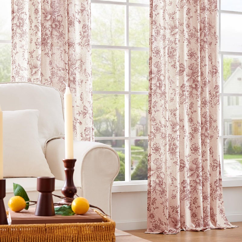 Topick Linen Blend Floral Curtains for Living Room 90 Inches Long Red Printed Rod Pocket Cottage Core Back Tab Farmhouse Peony Patterned Drapes Bedroom Window Treatment 2 Panel Set - Image 5