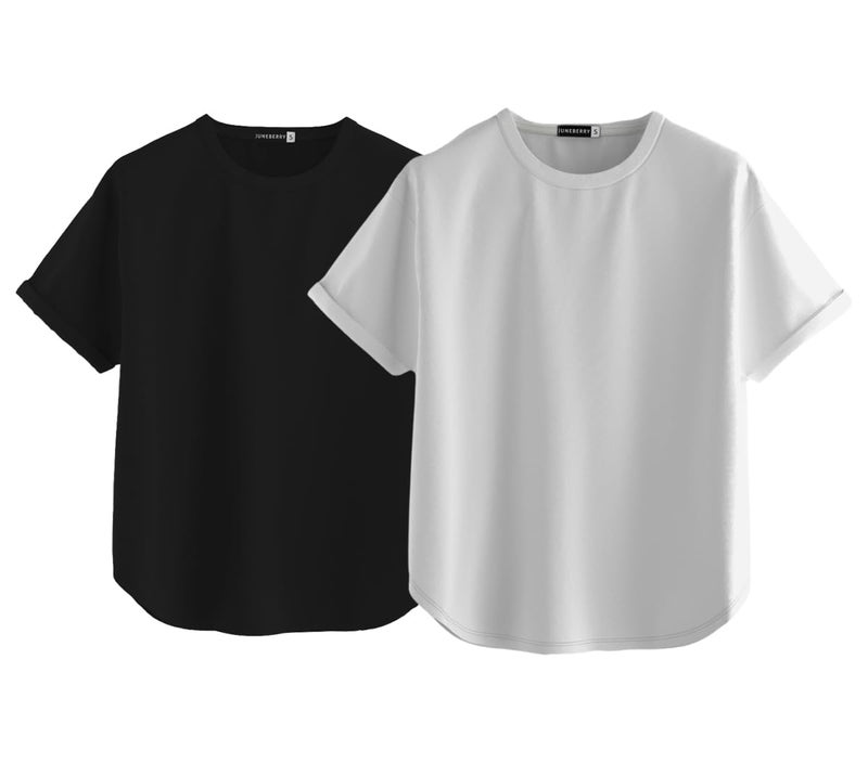 JUNEBERRY® Pure 100% Cotton Oversized Loose Baggy Fit Round Neck with Drop Shoulder Black & White Half Sleeves Boyfriend T-Shirt for Women & Girls (PO2_BF_44BK_43WT_XXL) - Image 1