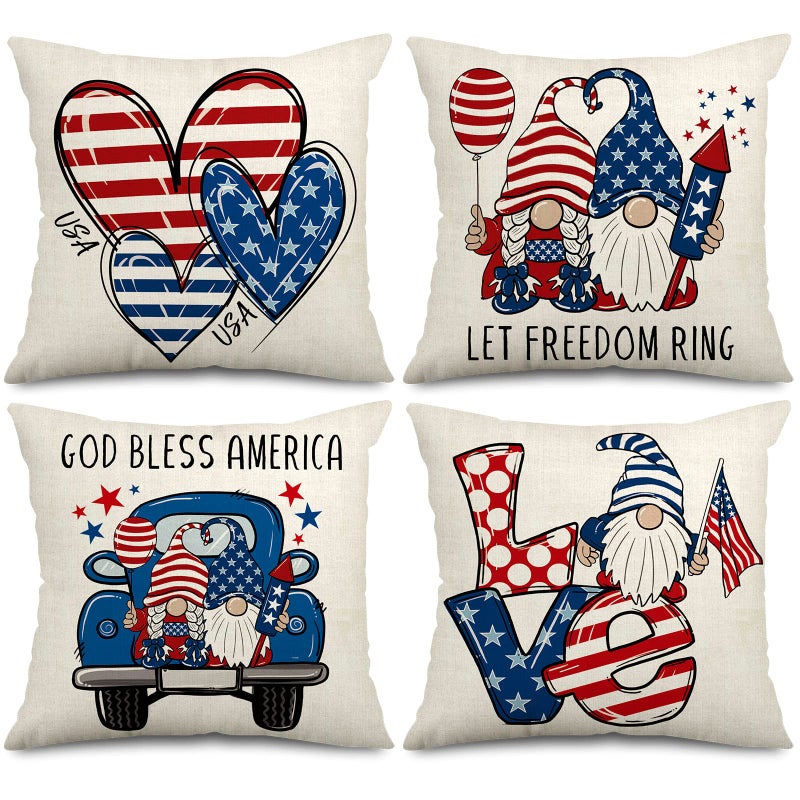 AnyDesign 4th of July Gnome Pillow Covers 18 x 18 Inch Independence Day Throw Pillow Case Red Blue Stars Stripes Decorative Pillow Case Patriotic Cushion Cover for Home Office Sofa 4 Pack
