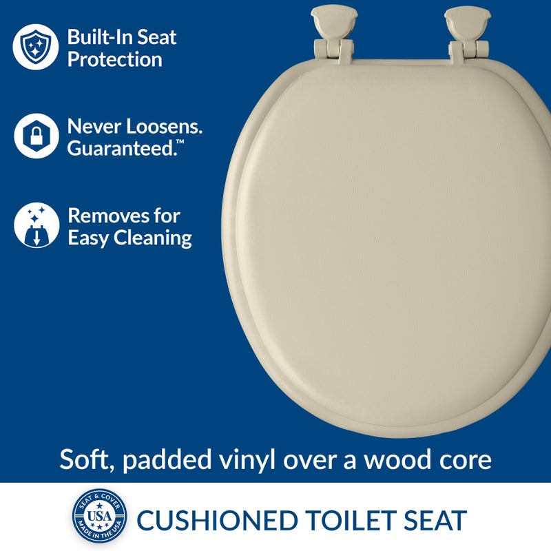 Mayfair Padded Toilet Seat, Cushioned Soft Vinyl over Wood Core Seat, Secure Hinges, Easy Clean, Made in USA, Round, Bone - Image 2