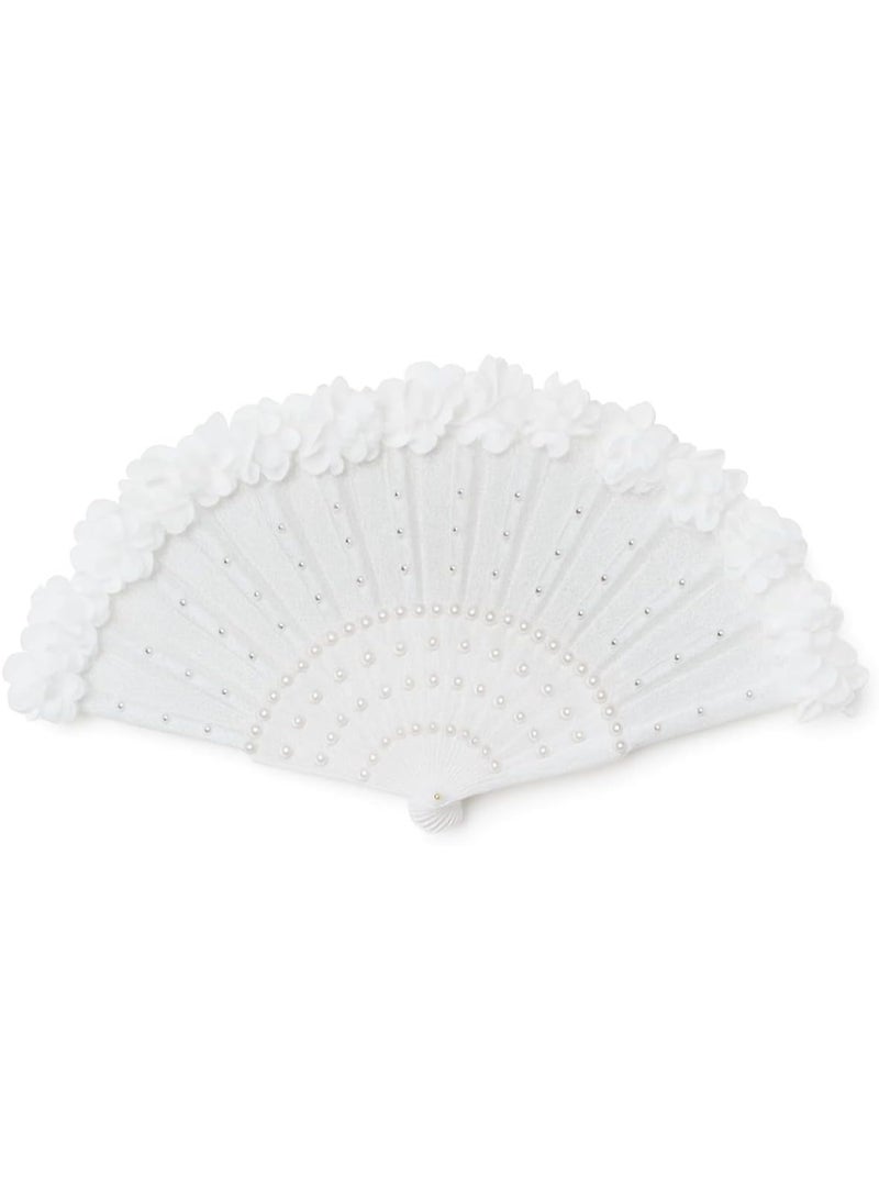 The luxurious white bridal fan - decorated with sparkling beads and soft roses, is a unique and elegant piece that adds a charming touch to the bride's look on her special day. - Image 5