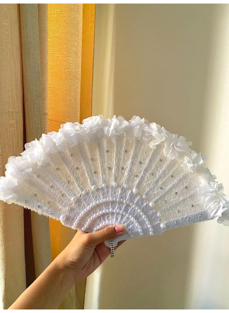 The luxurious white bridal fan - decorated with sparkling beads and soft roses, is a unique and elegant piece that adds a charming touch to the bride's look on her special day. - Image 4