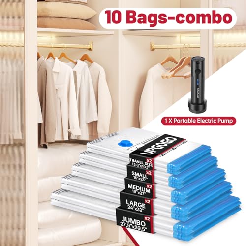 UPGOGO Vacuum Storage Bags with Portable Electric Pump,Vacuum Seal Bags for Clothing,Space Saver Bags,Vacuum Travel Bags for Luggage(Combo 10 Pack) - Image 2
