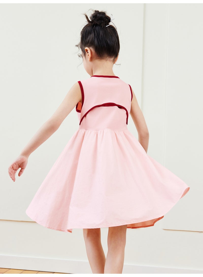 ميني بالا فستان بناتي أنيق بدون أكمام، مصنوع من نسيج قطني ناعم قابل للتهوية، حواف متباينة، تطريز على شكل فيونكة، تفاصيل فتحة في الخلف، تنورة واسعة، مثالي للأنشطة اليومية والمناسبات المدرسية والتجمعات الاحتفالية. - Image 3