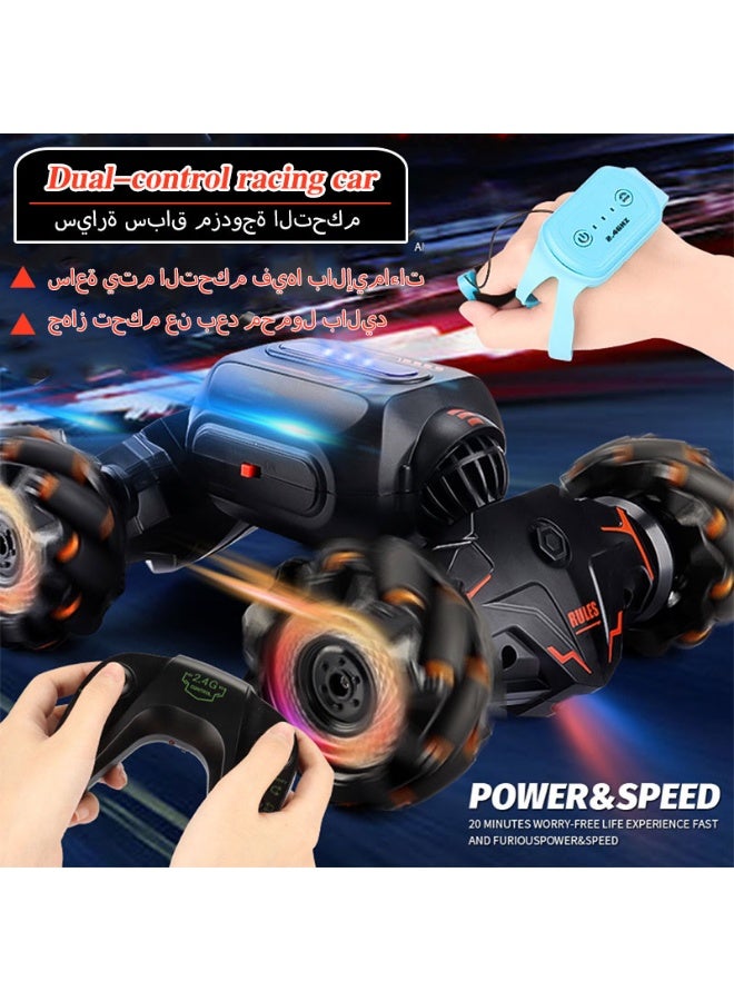 سيارة سباق قابلة للتحويل يتم التحكم فيها عن بعد، مزودة بجهاز تحكم يدوي وجهاز تحكم عن بعد على شكل ساعة يدوية مزود بمستشعر للجاذبية. قابلة للتسلق على الطرق الوعرة بفضل إطارات مخصصة للتكيف مع مختلف التضاريس. قيادة ثنائية الوضع مع مصابيح أمامية مبهرة. - Image 2