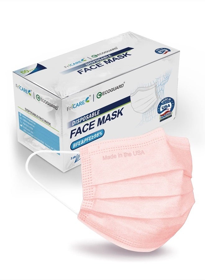 FriCARE Disposable Masks Made in USA 3 Ply by ECOGUARD, Pink Face Mask for Women Protection, Brearhable Comfortable 50 Pack - Image 1