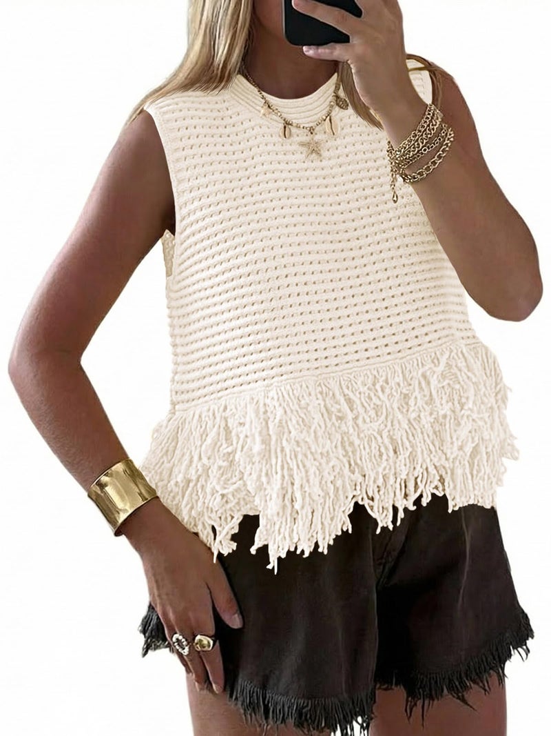 Saodimallsu Womens Crochet Crop Tank Tops Sleeveless Fringe Crew Neck Trendy Boho Knit Summer Sweater Vest White - Image 1