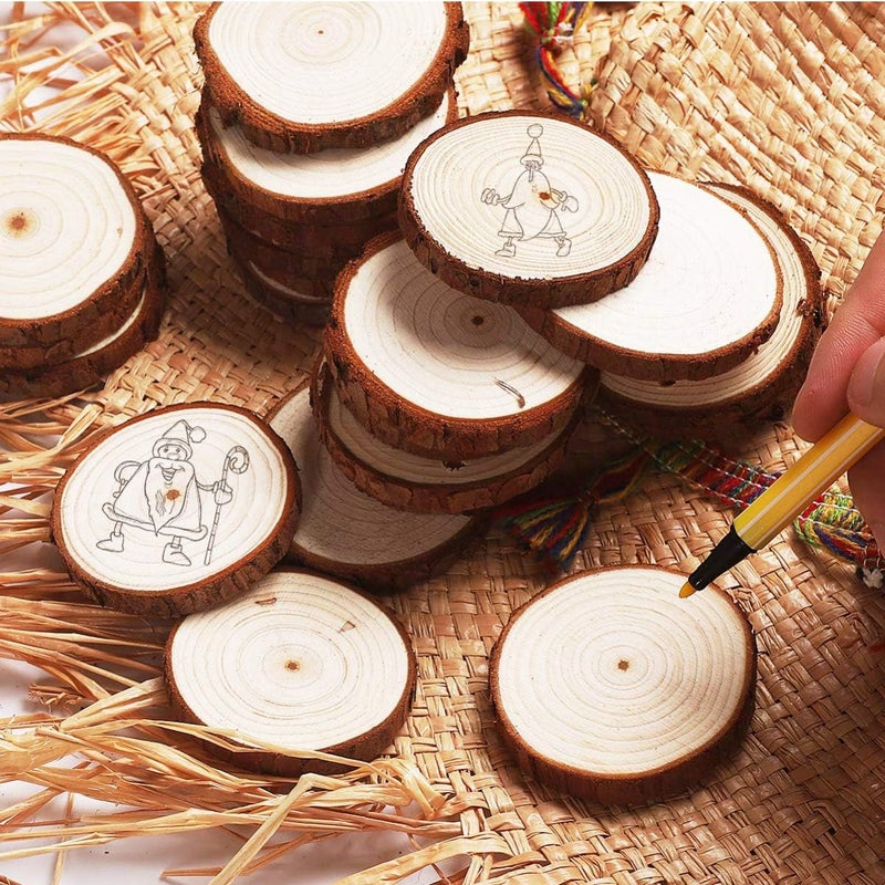 klarako 10pcs Round Wooden Discs with Hole and Jute Rope Unfinished Wood Ornaments Blank Natural Wooden Slices for DIY Craft Painting Drawing - Image 2
