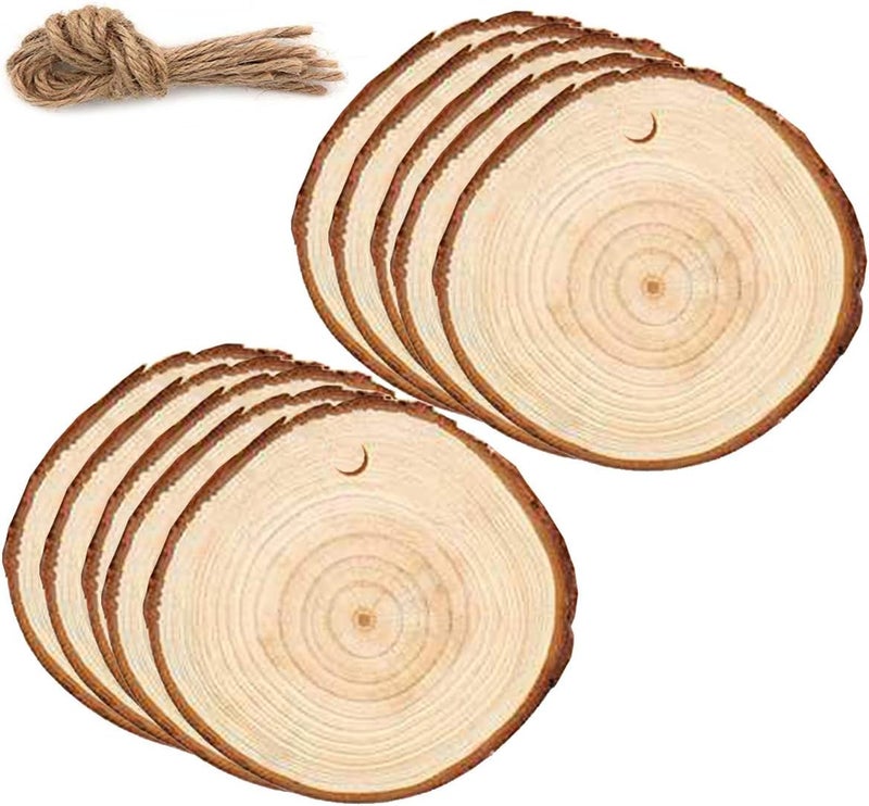 klarako 10pcs Round Wooden Discs with Hole and Jute Rope Unfinished Wood Ornaments Blank Natural Wooden Slices for DIY Craft Painting Drawing - Image 1