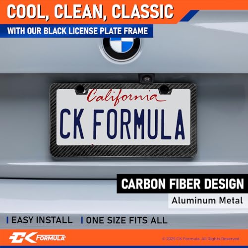 CK Formula Premium Carbon Fiber Style License Plate Frames – 2-Pack, Stainless Steel, Rust-Proof, Rattle-Free, Weather-Resistant, Universal Fit for Front & Rear – Slim Top Design with Screw Caps - Image 2