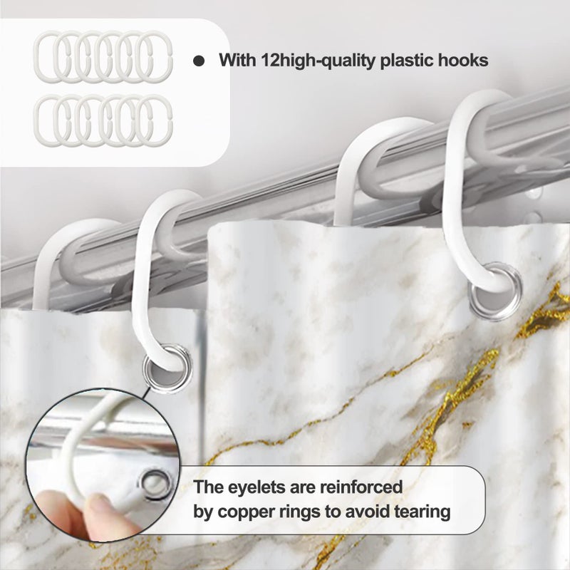 AWERT Abstract Minimalism White and Gold Ink Art Marble Shower Curtain for Bathroom Modern High Definition Printing Waterproof Shower Curtain with Hooks Bathroom Decor 72x72inch - Image 5