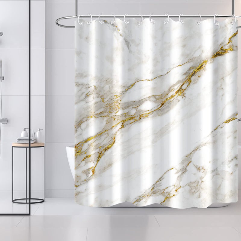 AWERT Abstract Minimalism White and Gold Ink Art Marble Shower Curtain for Bathroom Modern High Definition Printing Waterproof Shower Curtain with Hooks Bathroom Decor 72x72inch - Image 2