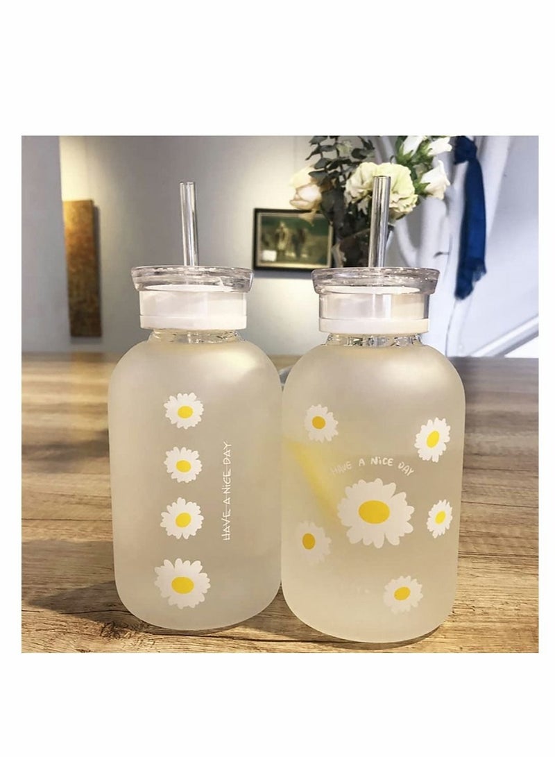 كابتن تيك Cute Water Bottle,  480ml Milk Juice Cute Water Bottle with Scale 2 Lids Little daisy Matte Portable Transparent Water Cup Grass Bottles Creative Handy Cup for Boy and Girls (Matte 4 flower) - Image 4