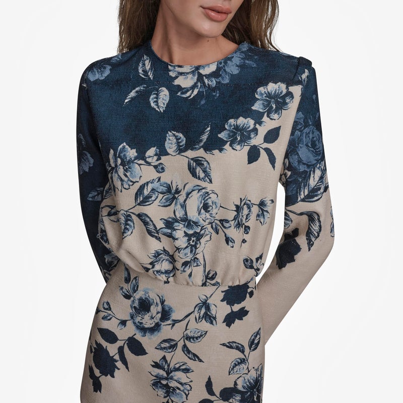 BCBG Women's Long Sleeve High Neck Blouson A-line Mini Dress, City Indigo Multi - Image 2