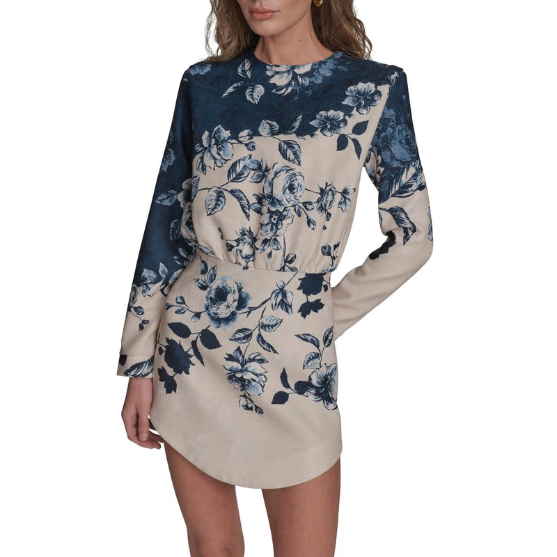 BCBG Women's Long Sleeve High Neck Blouson A-line Mini Dress, City Indigo Multi - Image 1