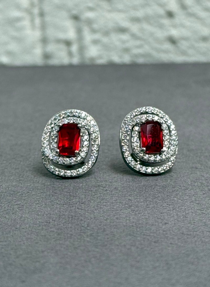 Al Kasr Jewelry Red Stone Stud Earrings - Double Halo Design - Sterling Silver 925 with Zircon Stones - Plated Rhodium White Gold 18K  - Image 1