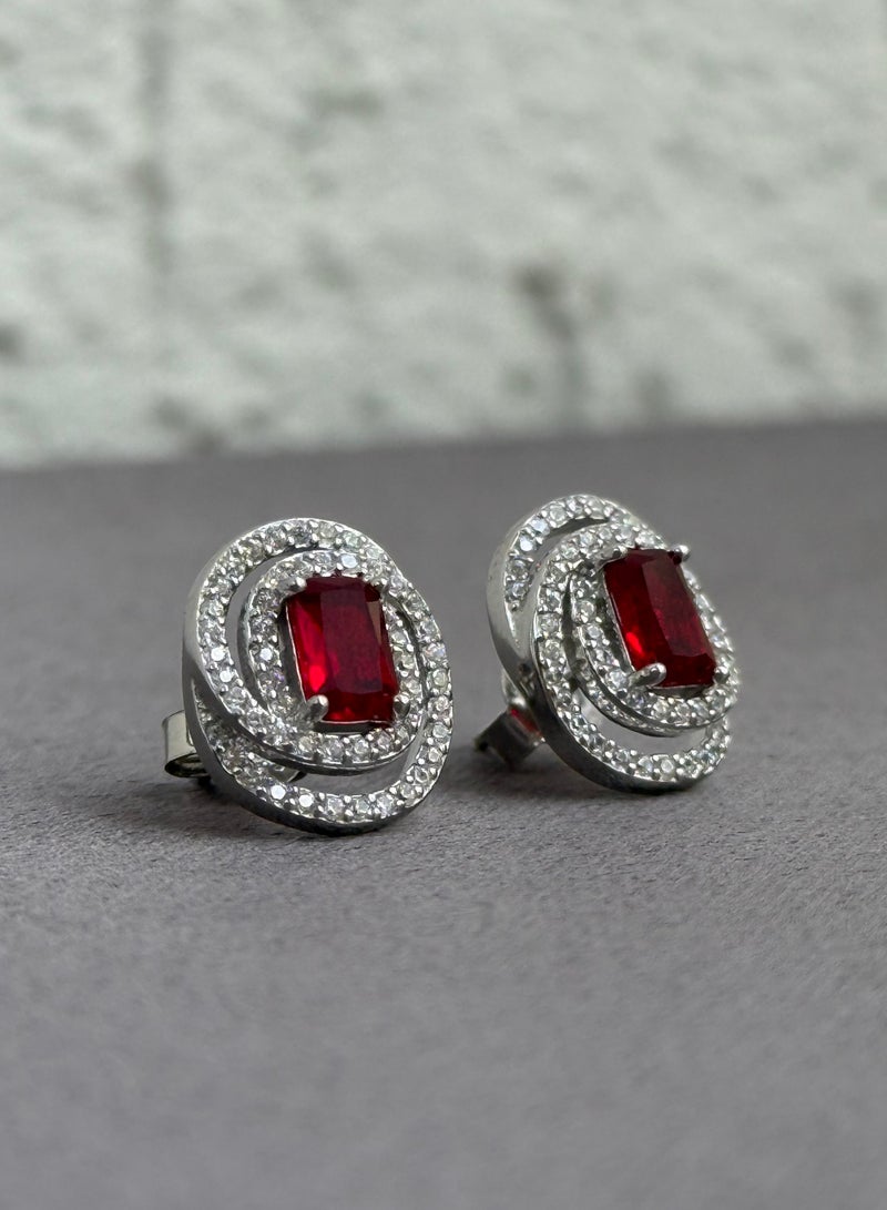 Al Kasr Jewelry Red Stone Stud Earrings - Double Halo Design - Sterling Silver 925 with Zircon Stones - Plated Rhodium White Gold 18K  - Image 2