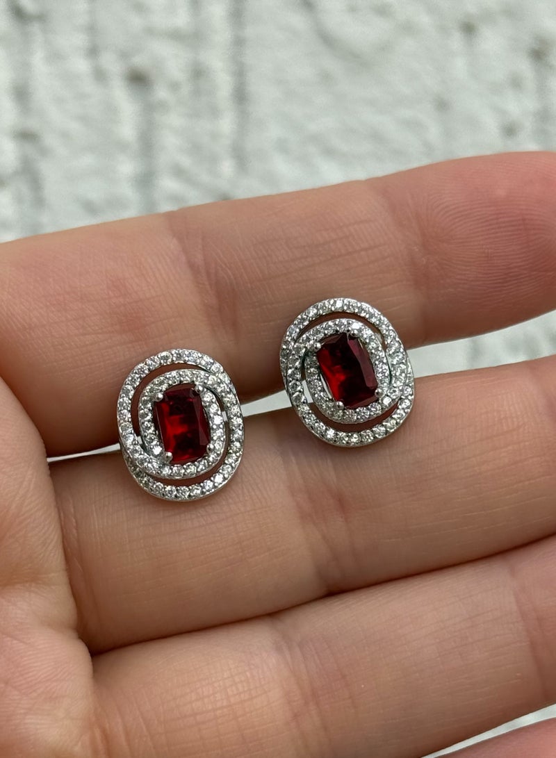 Al Kasr Jewelry Red Stone Stud Earrings - Double Halo Design - Sterling Silver 925 with Zircon Stones - Plated Rhodium White Gold 18K  - Image 4