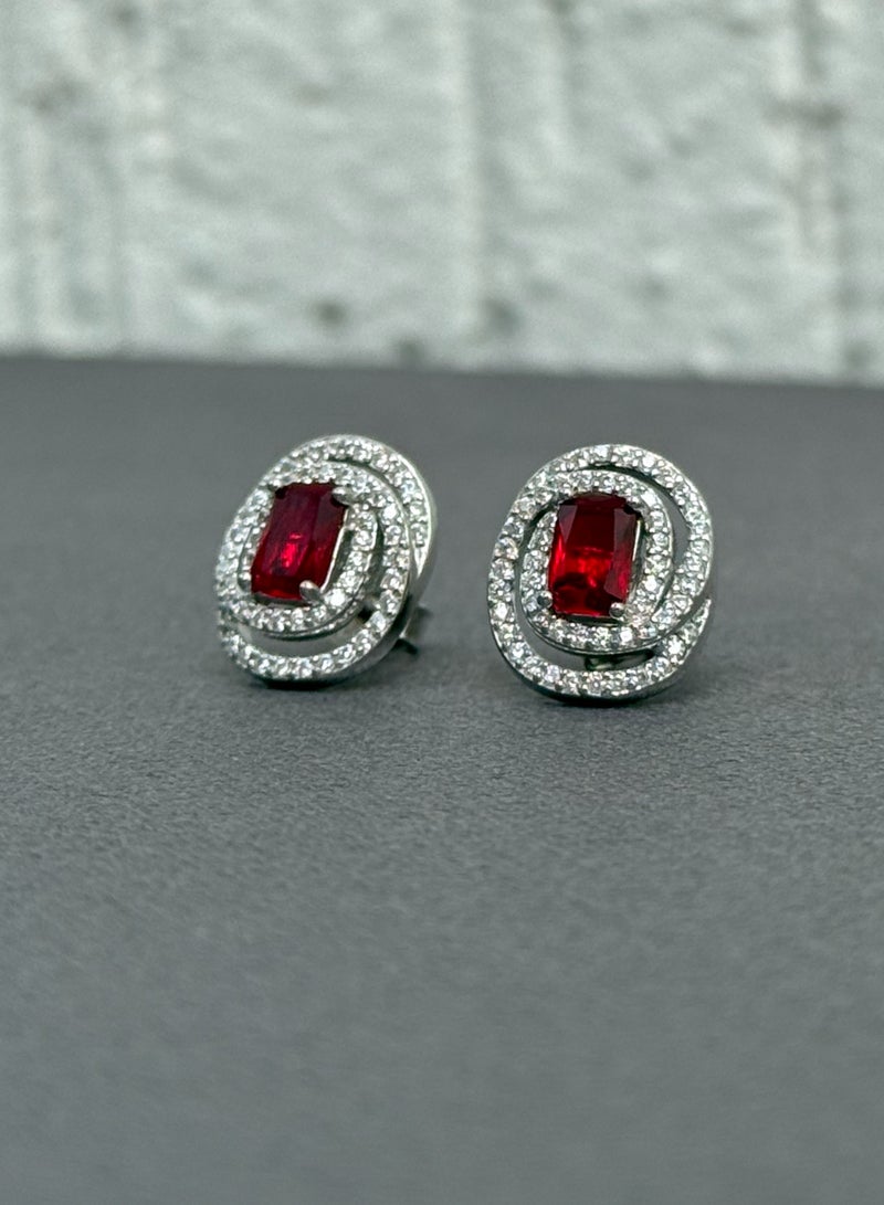 Al Kasr Jewelry Red Stone Stud Earrings - Double Halo Design - Sterling Silver 925 with Zircon Stones - Plated Rhodium White Gold 18K  - Image 3