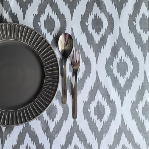 THE YARD HOUSE Wipeable & Anti-Slip Cotton Table Cover - Grey Ikat Inspired, 8 Seater (150Cm X 250Cm) | Protects Against Spills & Scratches | Family Dining, Party, Gifting - Image 2
