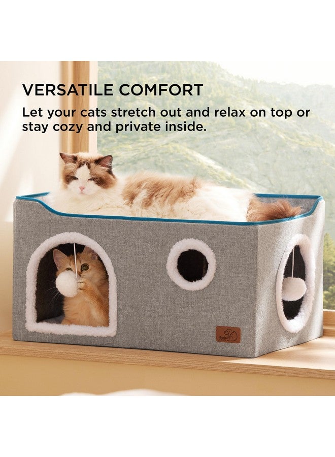 بيد شور بيت قطط واسع للغاية من Bedsure للقطط المنزلية - كهف كبير للقطط الأليفة مع كرة ناعمة للتعليق ووسادة خدش، مخبأ قطط قابل للطي للقطط المتعددة، 23.6 × 16.9 × 13 بوصة، رمادي - Image 2