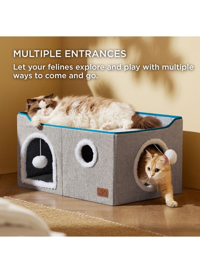 بيد شور بيت قطط واسع للغاية من Bedsure للقطط المنزلية - كهف كبير للقطط الأليفة مع كرة ناعمة للتعليق ووسادة خدش، مخبأ قطط قابل للطي للقطط المتعددة، 23.6 × 16.9 × 13 بوصة، رمادي - Image 1