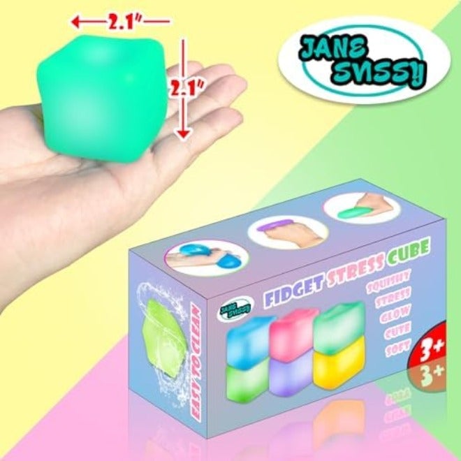 JANESVISSY Glow in the Dark Stress Cube Fidget Toy (2-Pack) - Super Solid Squishy TPR Squeeze Toy for Kids Teens Adults (Blue u0026 Purple) - Image 4