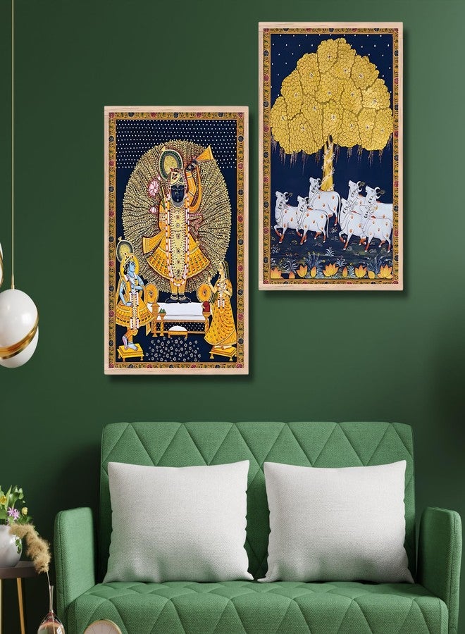 Nozvera Shreenath Ji Madhubani Painting with Frame | Pichwai Art Set of 2 Frames Painting | Madhubani Wall Decor | Photo Frame for Living Room, Wall Decoration, Home Decor, Bedroom, Office - Image 1