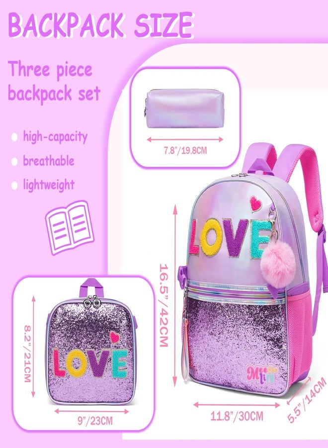 HTgroce Backpack for Girls Elementary Bookbag for School Backpack Set Girls Preschool Book Bag with Lunch Box Pencil Case, Purple Love - Image 2