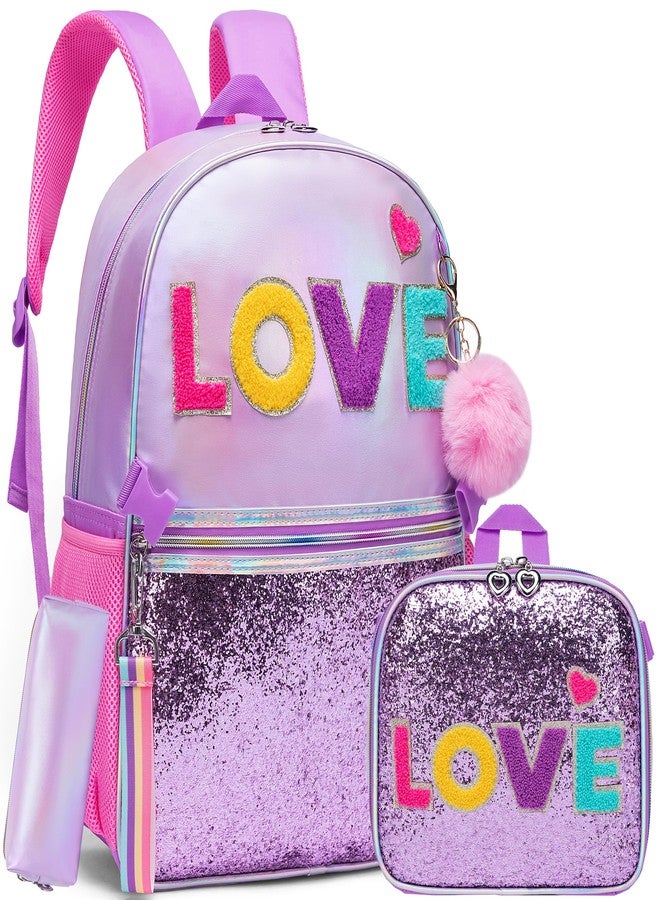 HTgroce Backpack for Girls Elementary Bookbag for School Backpack Set Girls Preschool Book Bag with Lunch Box Pencil Case, Purple Love - Image 1