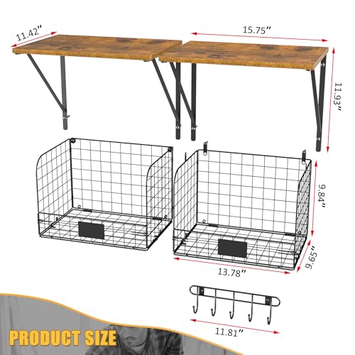 ThreeHio 2 Pack Garage Shelves Wall Mounted with Wire Storage baskets, Heavy Duty Garage Wall Shelving with Hooks, Wooden floating shelves Tool Organizer for Home Garden Garage Organizers and Storage - Image 3
