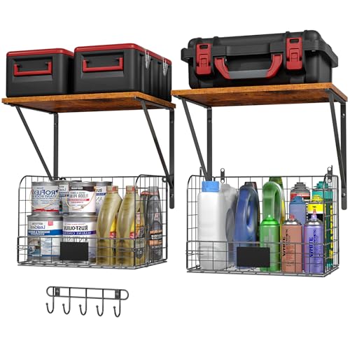 ThreeHio 2 Pack Garage Shelves Wall Mounted with Wire Storage baskets, Heavy Duty Garage Wall Shelving with Hooks, Wooden floating shelves Tool Organizer for Home Garden Garage Organizers and Storage - Image 1