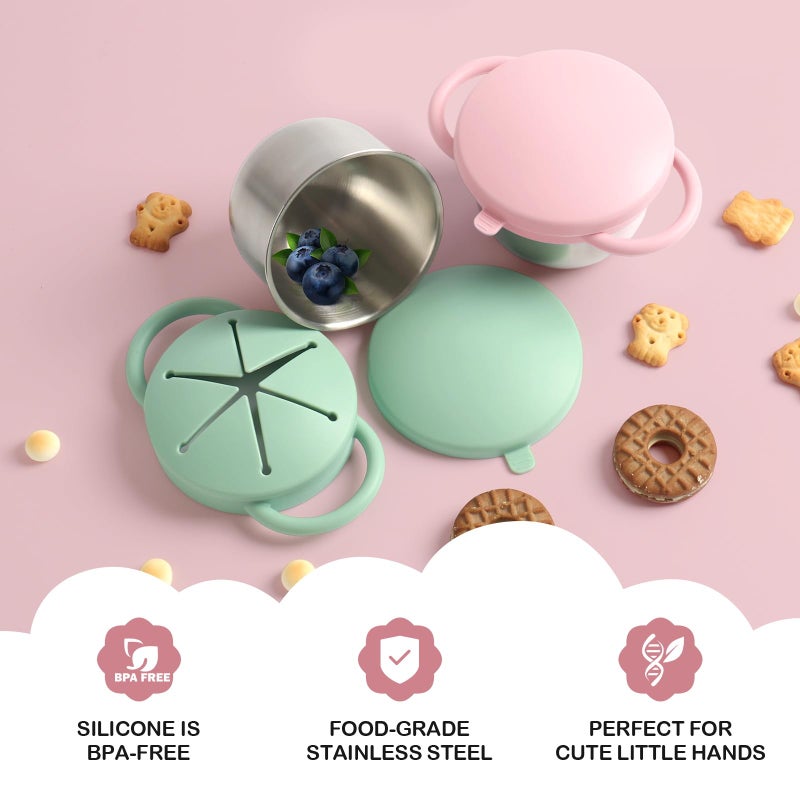 Daximo 2 Pack Snack Cups for Toddlers Spill Proof - Detachable Stainless Steel Toddler Snack Cups with Silicone Lids & Handles - Dishwasher Safe Baby Snack Containers for Mess-Free Snacking (Green and Pink) - Image 4