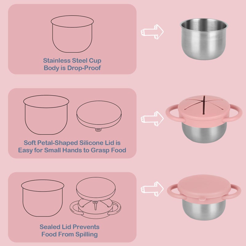 Daximo 2 Pack Snack Cups for Toddlers Spill Proof - Detachable Stainless Steel Toddler Snack Cups with Silicone Lids & Handles - Dishwasher Safe Baby Snack Containers for Mess-Free Snacking (Green and Pink) - Image 3