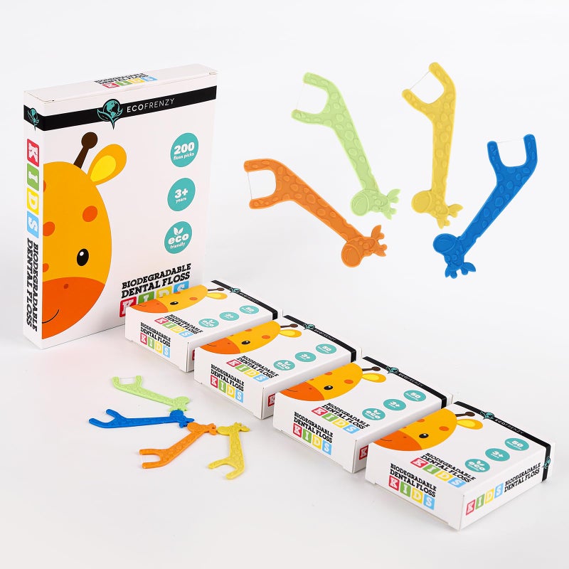 EcoFrenzy Kids Floss Picks 200 Count (4 Packs of 50 Flossers) - Biodegradable Cornstarch - Strawberry Flavored - Image 1