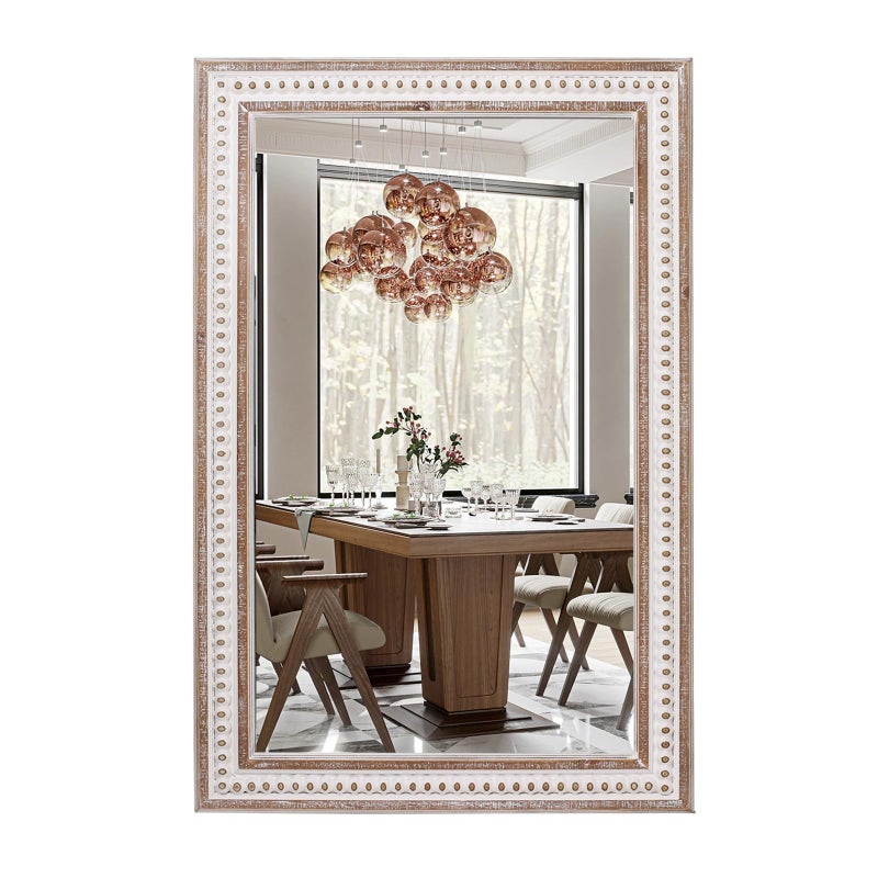 Decointo Rectangle Mirror Wooden Bathroom Mirrors - 35x23'' Boho Rectangular Mirrors for Wall Rustic Farmhouse Decorative Mirrors for Bedroom, Living Room, Entryway - Vertical or Horizontal Hanging - Image 1